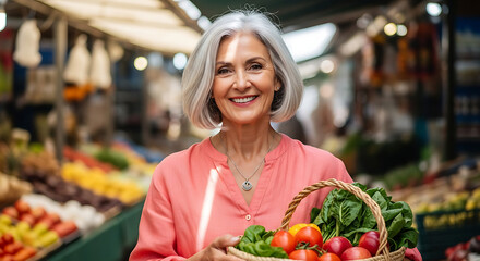 Obraz premium Smiling mature woman selecting fresh produce at a lively outdoor market, colorful stalls, natural candid lifestyle moment.