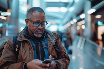 Mature man using smartphone in busy airport terminal