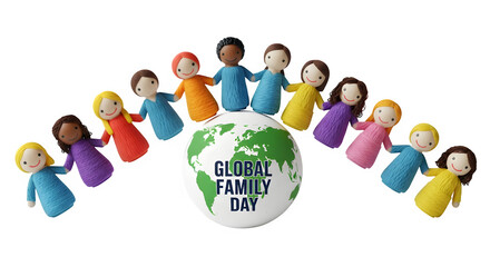 Diverse family dolls surround globe for global family day isolated on transparent background