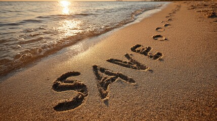 Save Message Written in Sand on Beach at Sunset