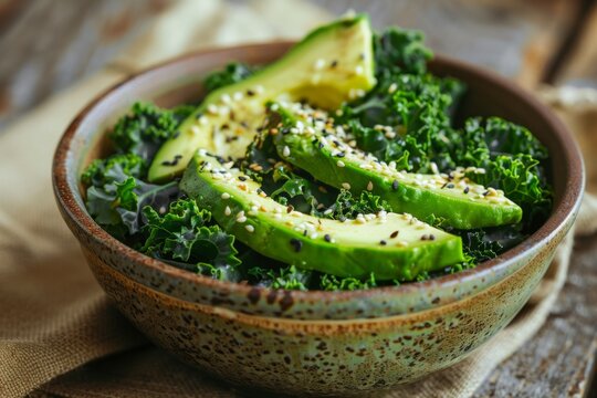 Fresh salad with avocado and kale in a rustic bowl