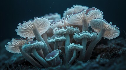 Naklejka premium Ultra sharp 8K macro photograph of glowing ethereal mushrooms on dark ground