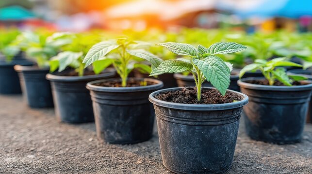 Young Plants Growing in Black Pots at Garden Market