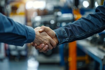 Two adults shaking hands in a workshop, expressing agreement and collaboration