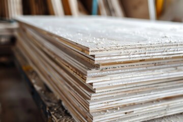 Close-up of stacked wooden boards in a workshop