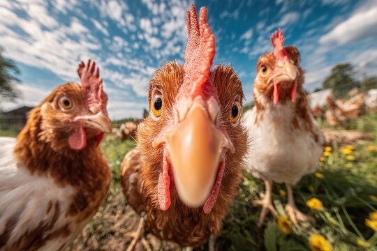 Close-Up of Curious Chickens in a Farmyard Setting - Powered by Adobe