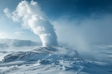 Erupting geothermal steam in a snowy landscape