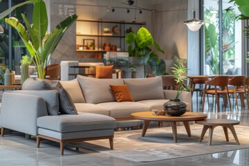 Modern living room with stylish furniture and plants