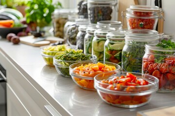 Colorful vegetables arranged in glass bowls on a kitchen counter