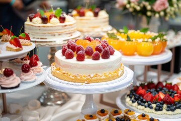 Delicious desserts displayed at a bakery with vibrant colors and textures
