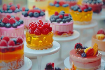 Colorful desserts with fresh berries displayed in a bakery