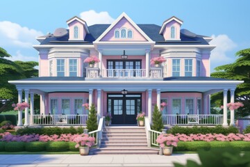 Beautiful pink house with flowers and greenery in a sunny environment