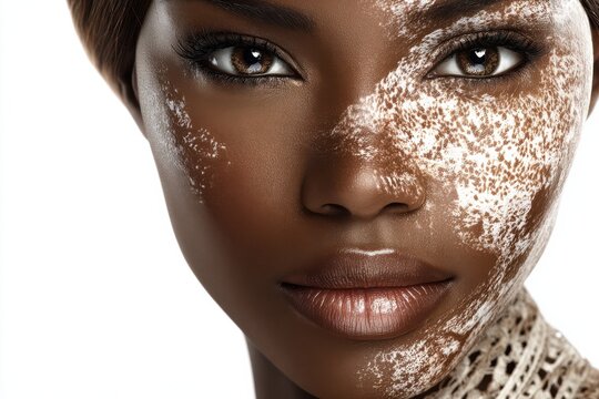 Beautiful Woman with Vitiligo Face Closeup on White Background
