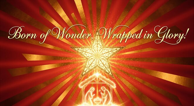 Christian nativity scene celebrating birth of Jesus. Glowing star of Bethlehem shines over holy family. Religious Christmas background with message of wonder and glory