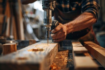 Adult man working with a drill in a woodworking shop