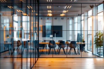 Modern office meeting room with glass walls and bright lighting
