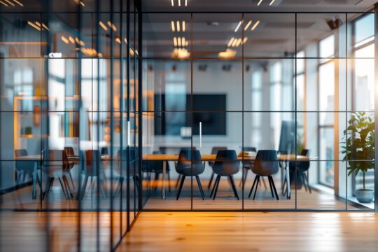 Modern office meeting room with glass walls and bright lighting