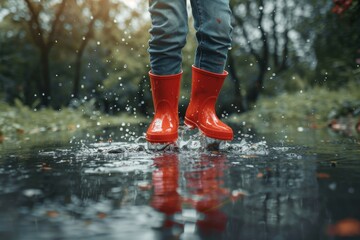 Child playing in puddles wearing red rain boots outdoors