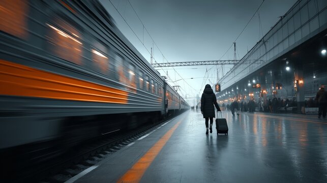Traveling through the rainy city, a traveler walks towards the platform while a train speeds by in the background during a misty evening
