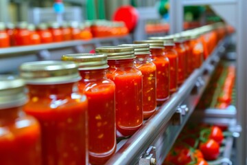 Jars of tomato sauce on a production line in a factory