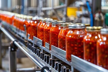 Jars of tomato sauce on a production line in a factory