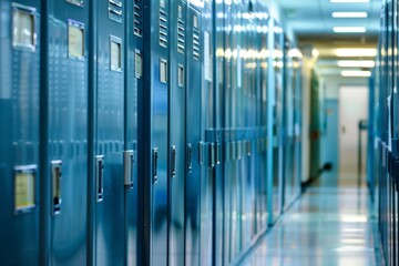 Empty school hallway with blue lockers and bright lighting