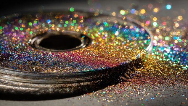 Glitter-covered metal disk with colorful bokeh