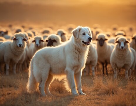 Large white fluffy dog stands watching over flock of sheep in sun-drenched field. Majestic livestock guardian dog protects farm herd during warm golden hour light. Domestic animals peacefully graze