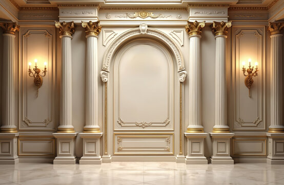 Luxury classic interior with white columns gold details, ornate molding. Grand palace hall with decorative arch, vintage wall sconces. Empty room features marble floor. Regal architecture background
