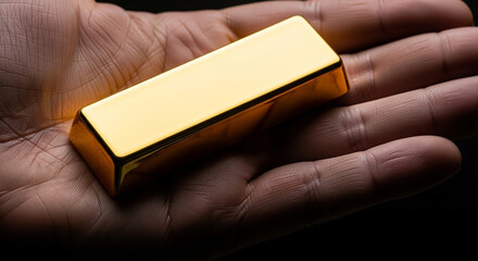 Close-up of a hand holding shiny gold bar,