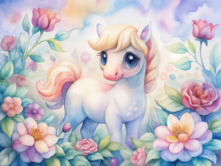 Little cute white pony, horse watercolor