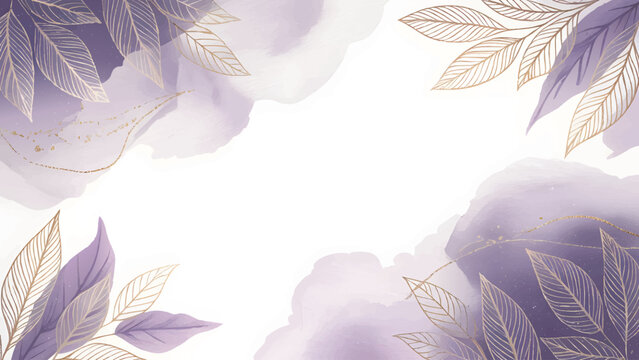Luxury abstract watercolor background with golden leaf illustration , Elegant modern frame template with violet botanical line art , Premium purple and gold splash border for wedding invitation - Powered by Adobe