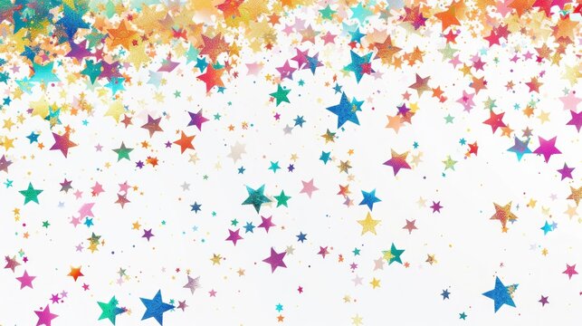 Abstract background with colorful falling star confetti. Sparkling glitter texture for a festive party or celebration design