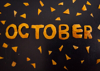 October autumn leaves, Autumn, brown leaves, the word October.