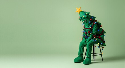 Unhappy character in a Christmas tree costume feeling sad and lonely. Holiday depression and post-celebration burnout. Mental health concept with copy space.