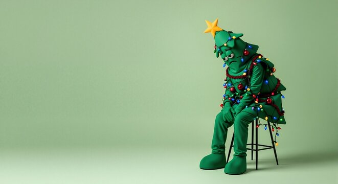Unhappy character in a Christmas tree costume feeling sad and lonely. Holiday depression and post-celebration burnout. Mental health concept with copy space. - Powered by Adobe
