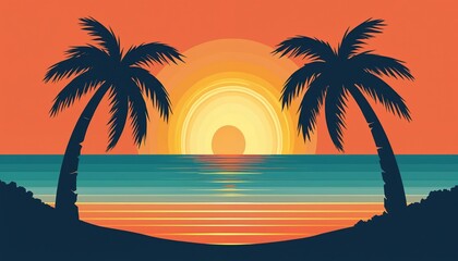 Two palm trees frame a vibrant sunset over the ocean. Stylized lines create a retro aesthetic with warm pastel and neon colors. The tranquil sea reflects the bright orange sky.