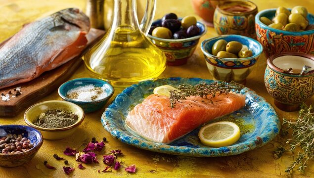 Salmon, oil, olives, & spices on colorful dishes - Powered by Adobe