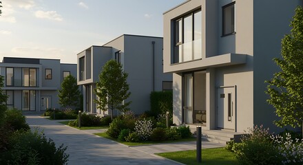 Modern townhouse complex with manicured landscaping in a residential area