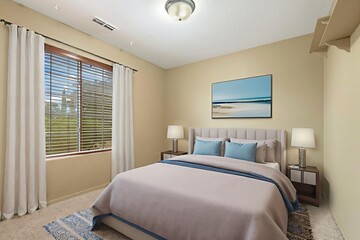 A bedroom with a large bed, two windows, and a wall painting