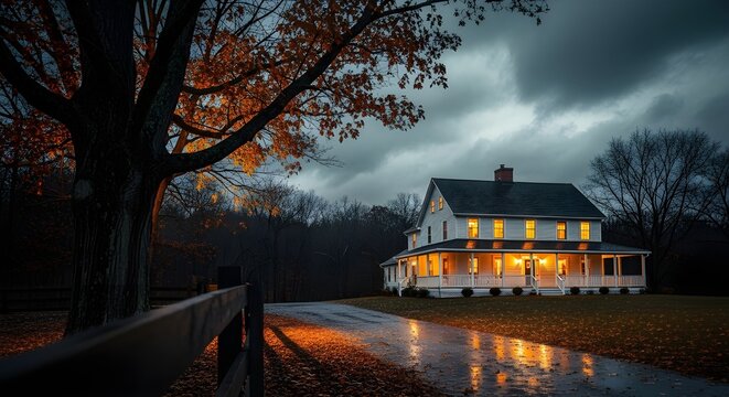 Illuminated house on rainy night with autumn foliage and reflections