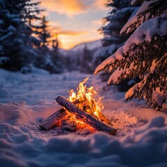 Warmth in Winter Wonderland Tranquil Campfire Amid Snow-Covered Evergreens Serene Nature Scene with Bright Flames and Soft Snow Textures    high resolution   for isolate image