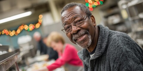 Smiling volunteer in beanie and scarf serving hot food for homeless from pots at night market with warm bokeh lights. Kind holiday volunteering, generous Christmas spirit vibe helping needy.
