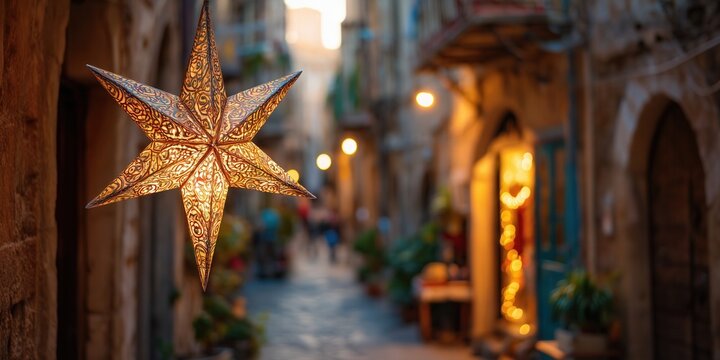 Bethlehem star decoration hangs on a lit street in a southern European town with stone buildings and holiday lights. Christmas atmosphere in a warm historic setting with festive decor.