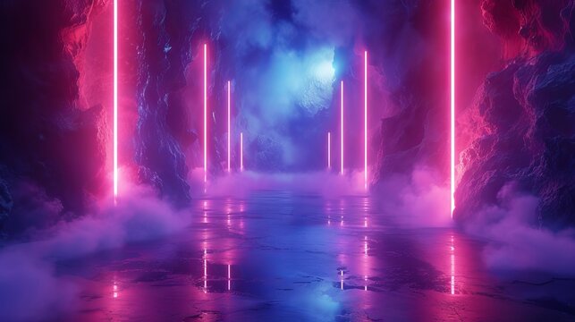 A futuristic sci-fi corridor in a rocky cave with glowing pink neon lights. Cyberpunk scene with atmospheric fog and reflections on a wet floor