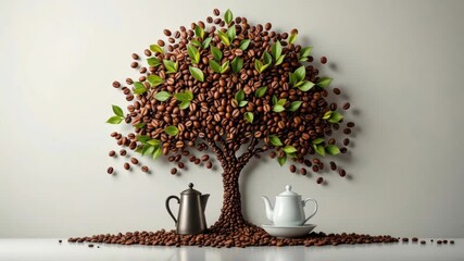 Coffee tree with cups - creative concept of coffee beans forming a tree with coffee cups on a table