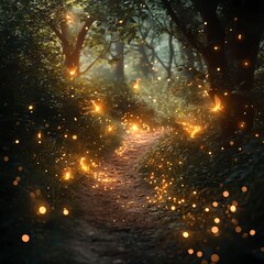Firefly Magic Enchanting Forest Path with Glowing Insect, nature ,fantasy   high resolution   for isolate image