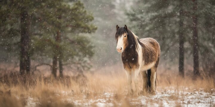 Graceful horse stands in snowy forest path with falling flakes and soft sunlight filtering through trees. Serene winter woodland scene, majestic animal in peaceful nature vibe. - Powered by Adobe