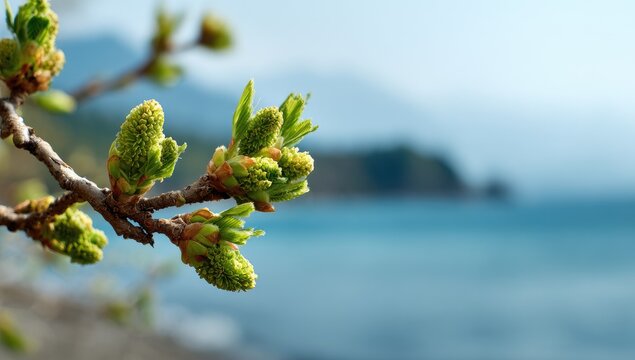 Spring buds emerge against a hazy blue coastal backdrop
