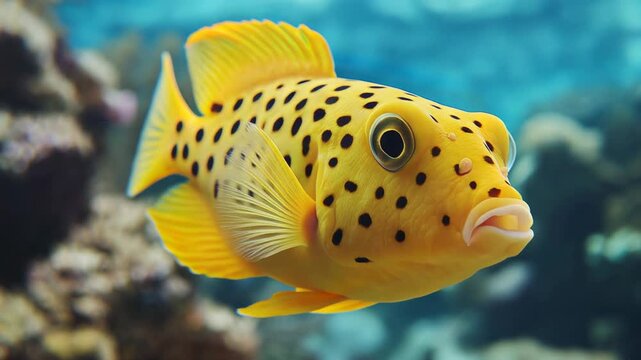 Bright yellow spotted fish swimming in clear underwater reef environment